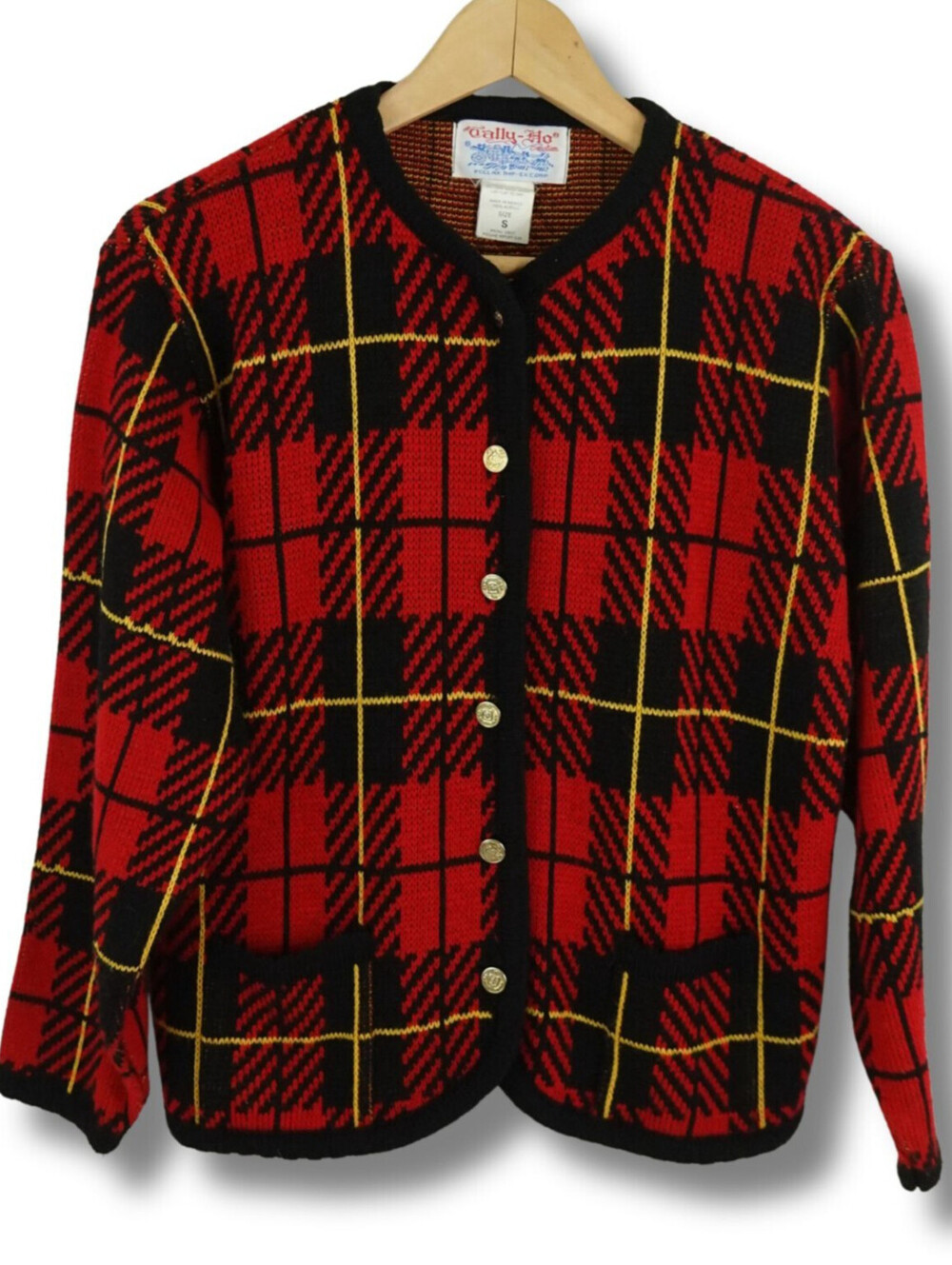 Vintage Tally-Ho Women's Red Black Plaid Acrylic Cardigan Sweater Size Small